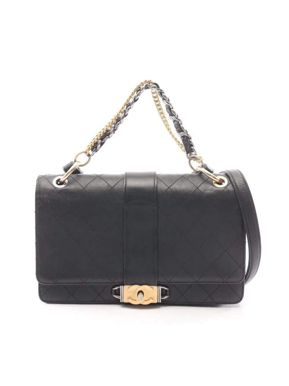 Chanel Shoulder Bag Quilted 2-Way Black Leather Chain